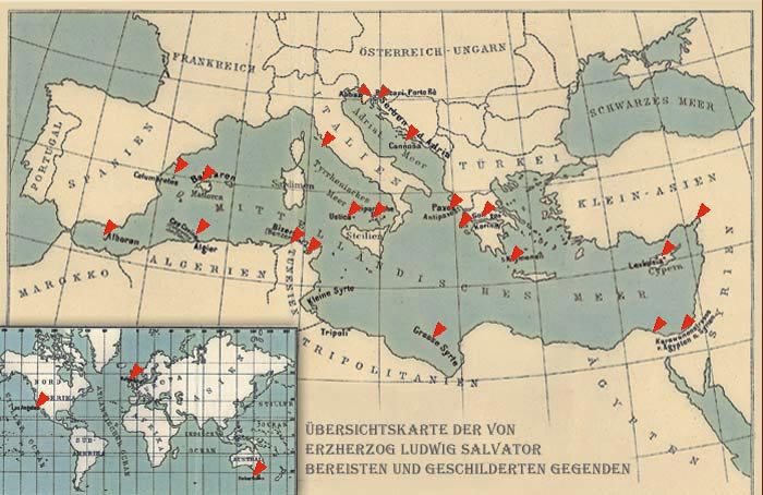 Übersichtskarte der von Erzherzog Ludwig Salvator bereisten und geschilderten Gegenden Übersichtskarte der von Erzherzog Ludwig Salvator bereisten und geschilderten Gegenden
