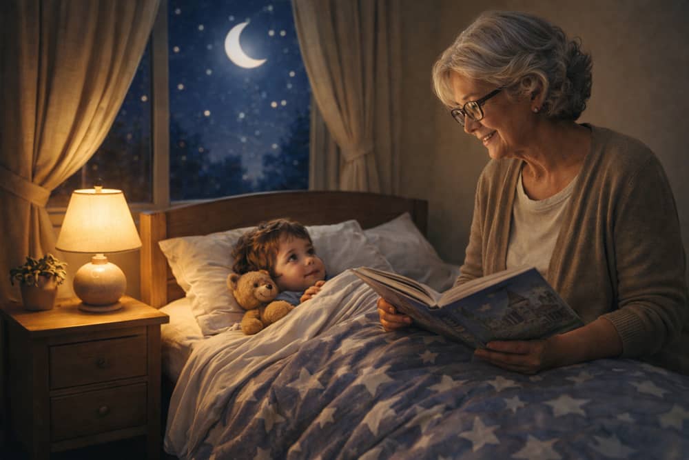 Oma liest Kleinkind Gute Nacht Geschichten vor